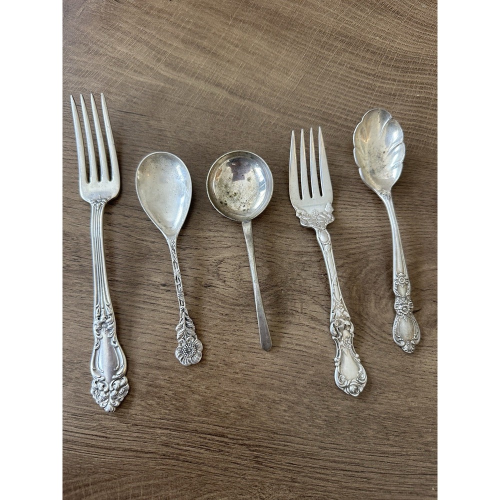 Antique 1902 Wallace Floral Meat Fork & Mixed Vintage Silverplate Lot (5pcs)